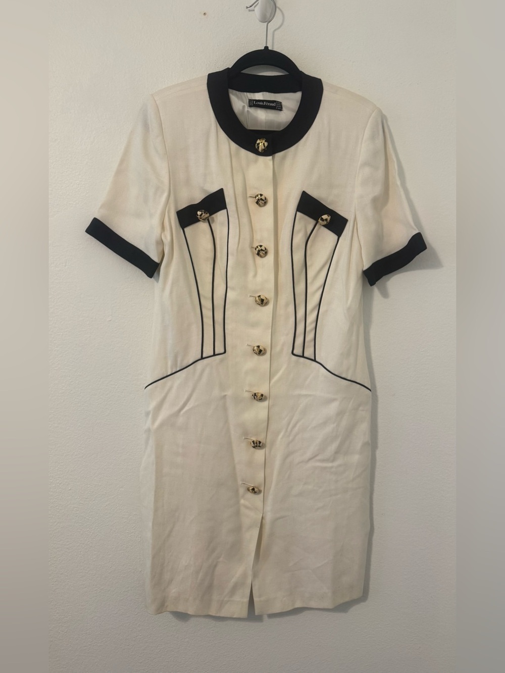 VTG Louis Feraud Coquette Mod White Cream Dress Black Piping Gold Button 12 READ